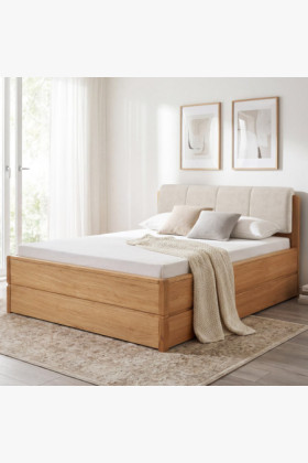 Tömör tölgyfa franciaágy 180x200 cm tárolós, D'oro szövet fejtámlával